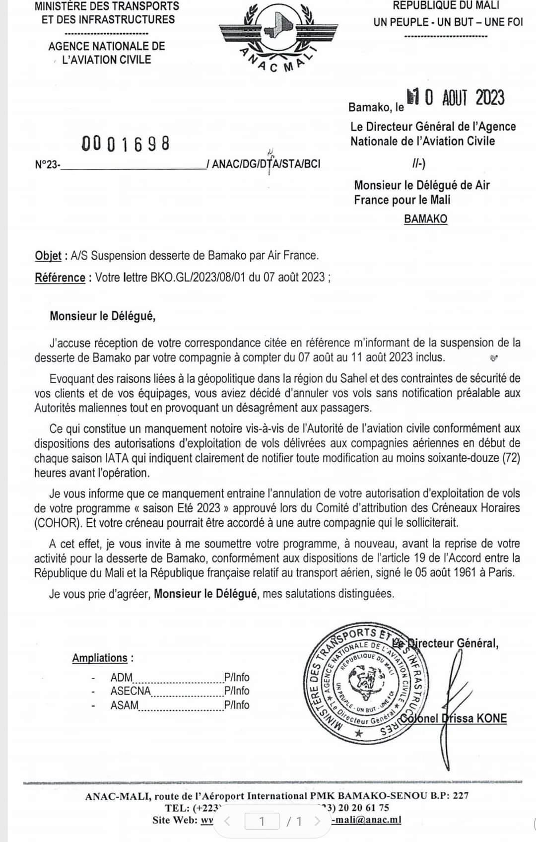 Air France suspendu au Mali