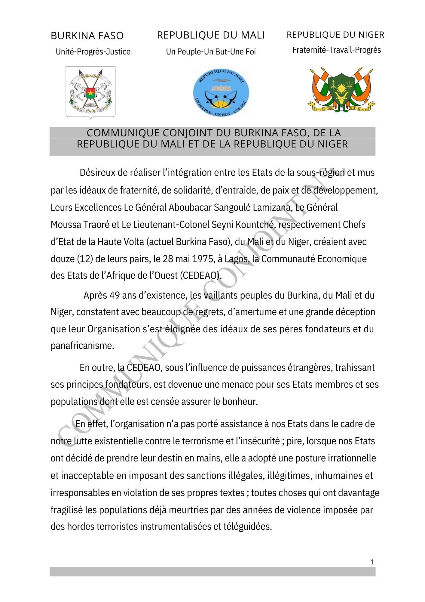 Communiqué retrait du Mali, Burkina et Niger de la CEDEAO