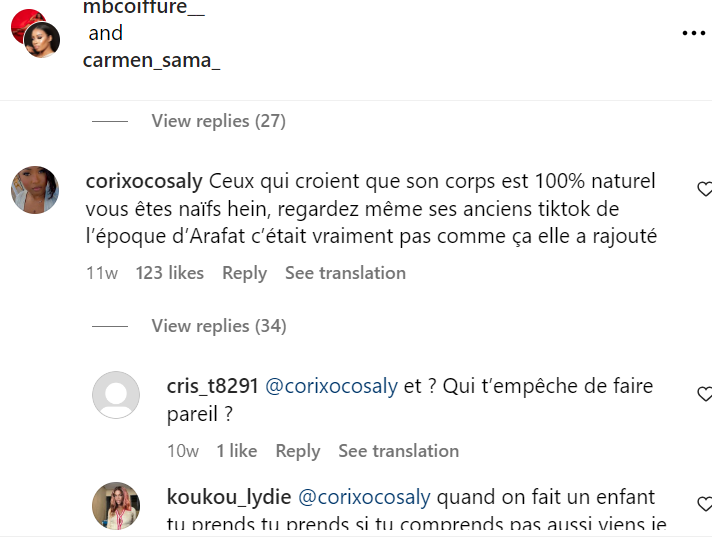 A propos de Carmen Sama : "Ceux qui croient que son corps est 100% naturel vous êtes naïfs hein..'un Abonné" 