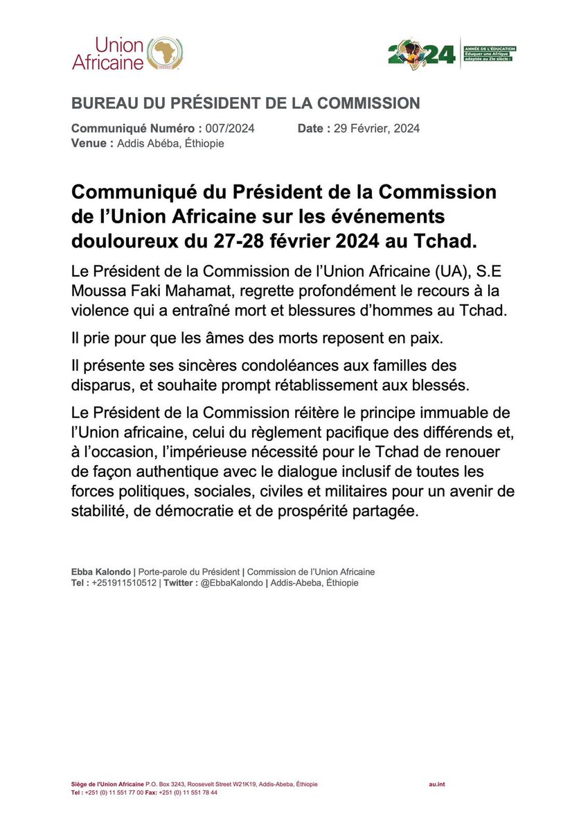 Tchad : Le president de l'Union Africaine Moussa Faki condamne l’assasinat de Yaya Dillo !