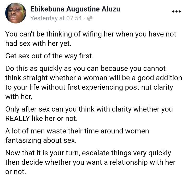 Vous ne devriez pas envisager d'épouser une femme tant que vous n'avez pas eu de relations s*xuelles avec elle - déclare un avocat nigérian.
