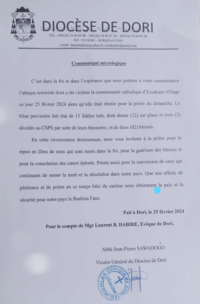 Burkina Faso : 15 fidèles tués dans une attaque terroriste contre l'eglise catholique !