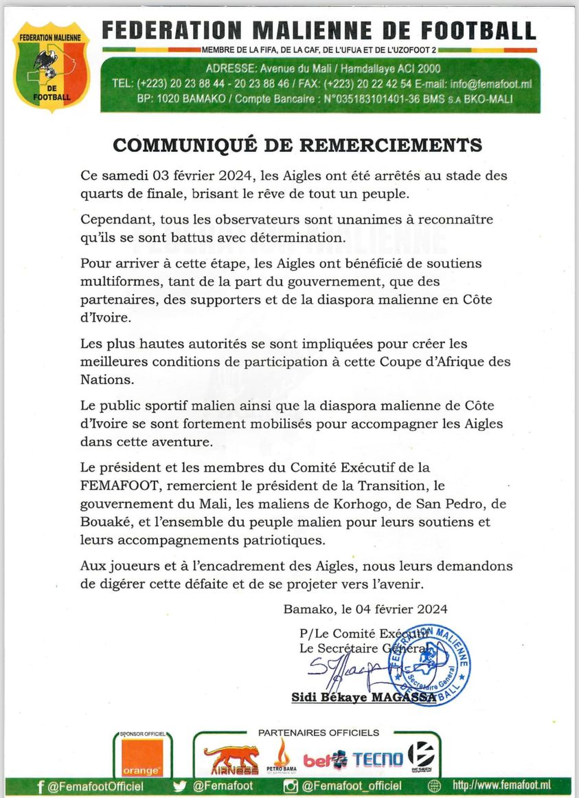 communiqué FEMAFOOT remerciement du president de la transition