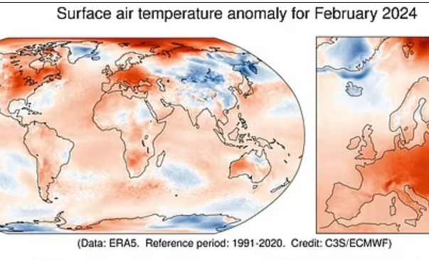  Le mois dernier a officiellement été le février le plus chaud JAMAIS ENREGISTRÉ, avec des températures mondiales de 0,81°C au-dessus de la moyenne – et les experts disent que le changement climatique en est la cause.