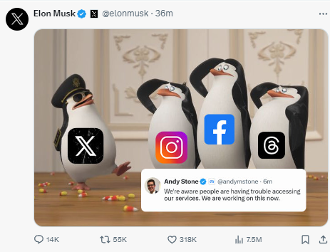 Elon Musk se réjouit de la panne de Facebook, Instagram et Meta dans un message sur X