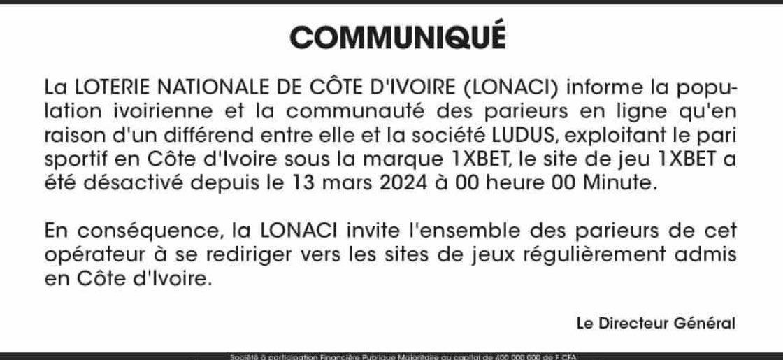 Côte d’Ivoire : le site de paris en ligne 1xbet désactivé depuis le 13 mars 2024