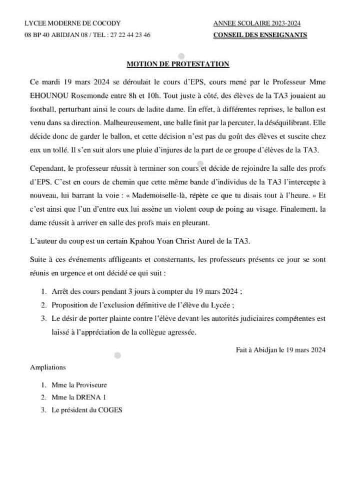 Côte d'Ivoire : Suspension des cours suite à l'Agression d’un professeur au Lycée Moderne de Cocody 