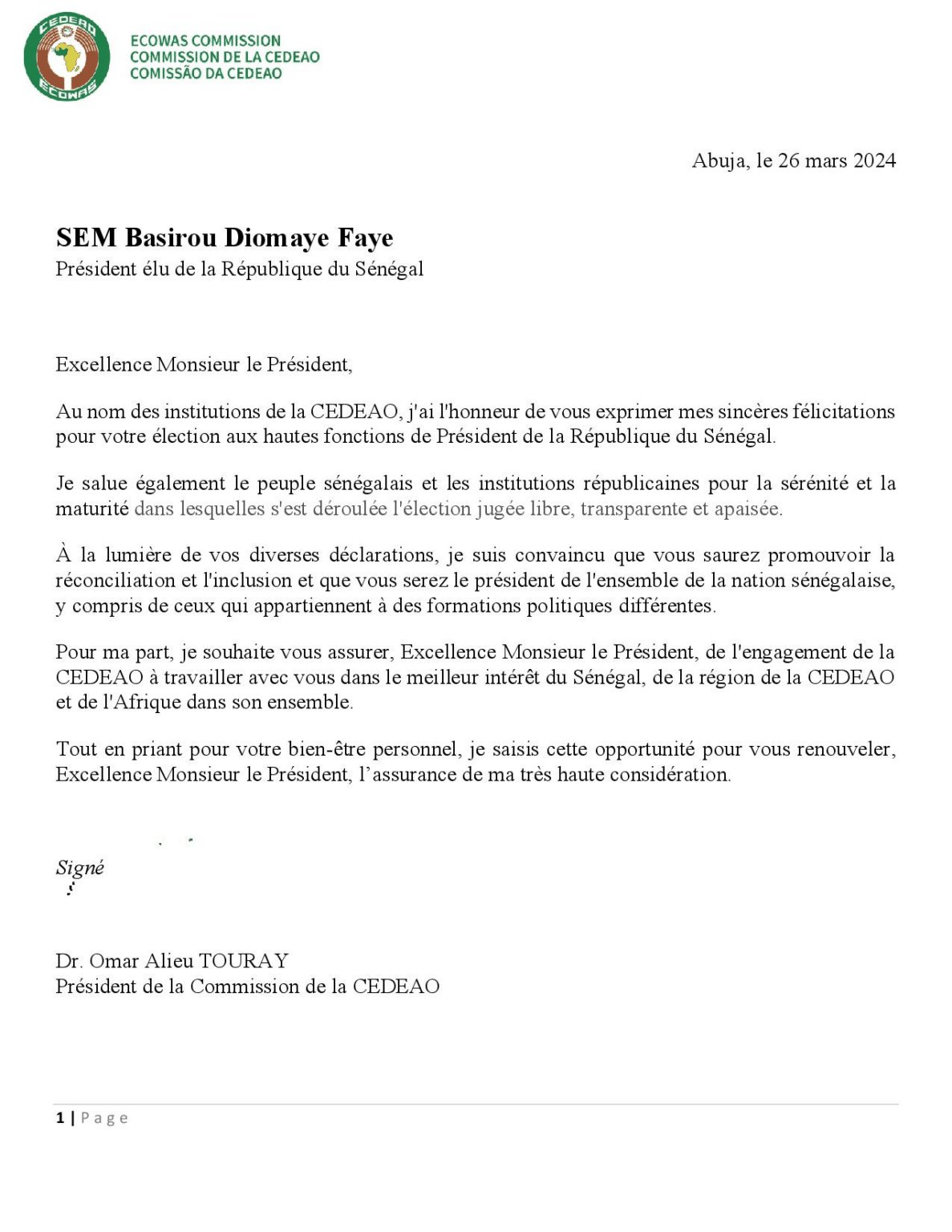 Presidentielle Sénégal 2024 : La CEDEAO félicite  Diomaye Faye, président élu (communiqué)