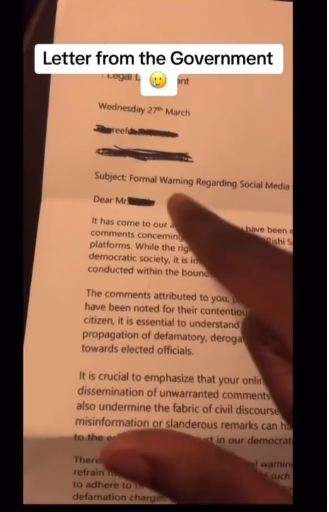 Un citoyen britannique affirme avoir reçu une lettre de cessation et d'abstention pour avoir trollé le Premier ministre britannique, Rishi Sunak, sur les médias sociaux.