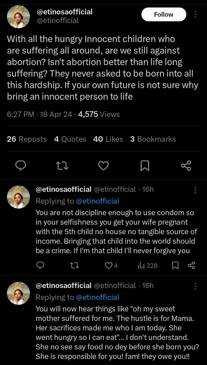 L'avortement vaut mieux que la souffrance - Etinosa Idemudia affirme