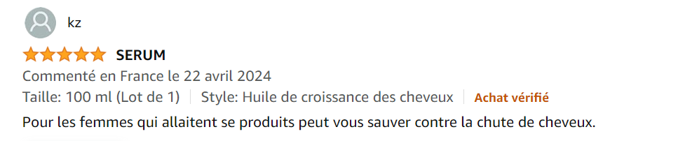 Pousse des cheveux :" C'est incroyable comme cette huile c'est une huile miraculeuse je l'ai utilisé qu'une fois c'est incroyable en une semaine je peux voir le résultat"