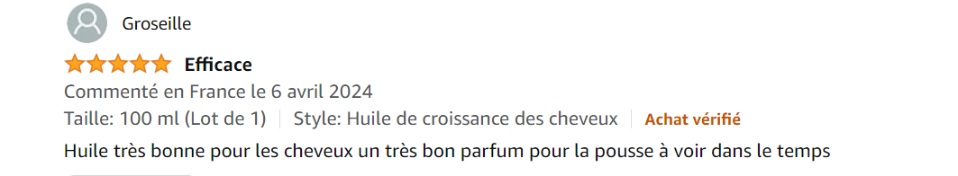 Pousse des cheveux :" C'est incroyable comme cette huile c'est une huile miraculeuse je l'ai utilisé qu'une fois c'est incroyable en une semaine je peux voir le résultat"