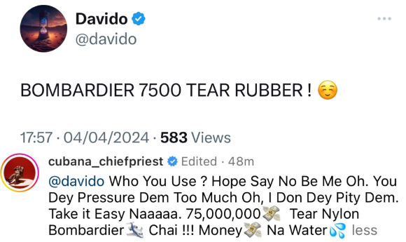 Davido dit qu'il a acheté un jet Bombardier 7500