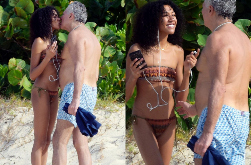  Aoki Lee Simmons, 21 ans, embrasse Vittorio Assaf, 65 ans, cofondateur de Serafina, lors d’un voyage romantique à Saint-Barthélemy.