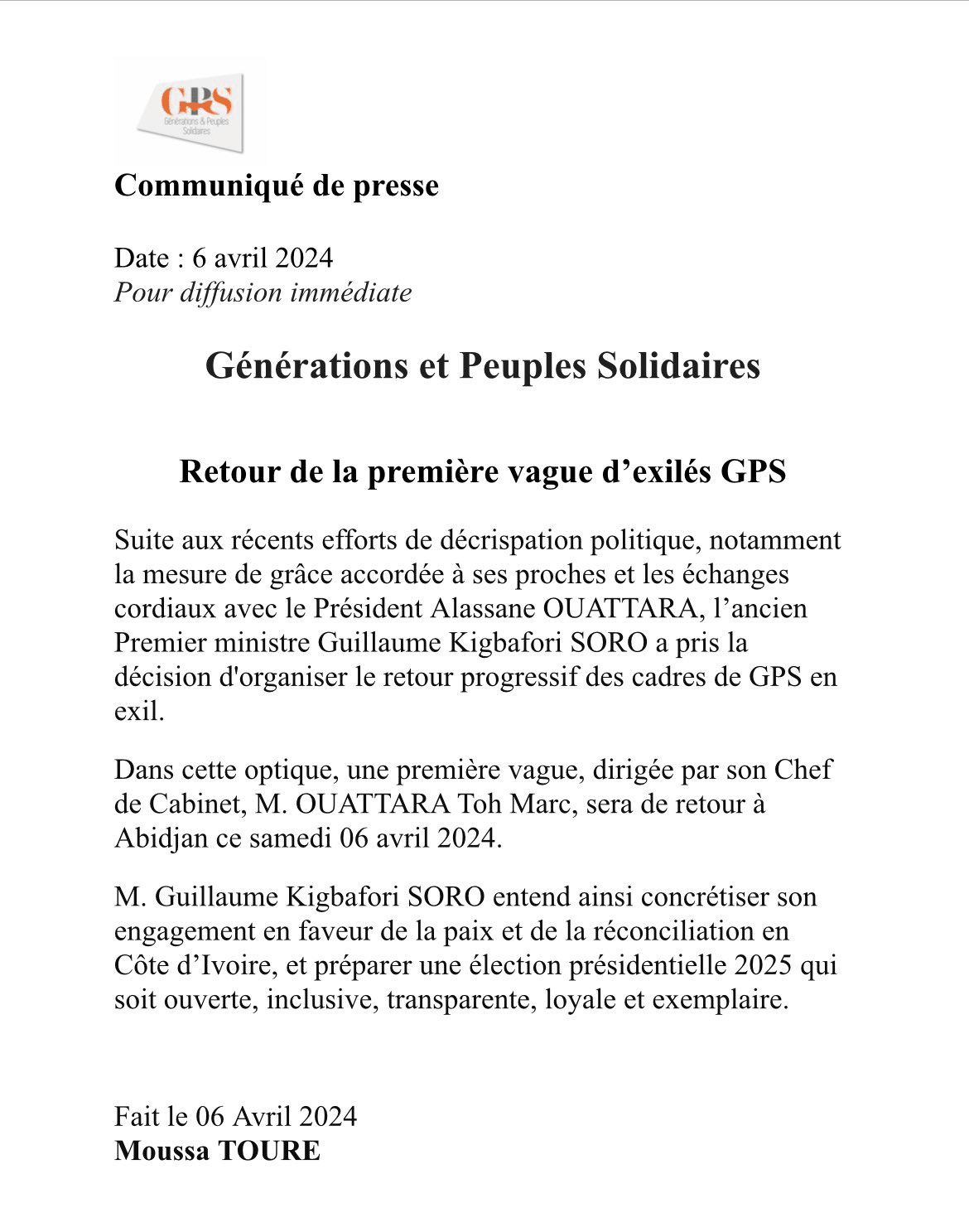 Côte d'Ivoire : Soro Guillaume annonce le retour de la prémière vague des exilés GPS !