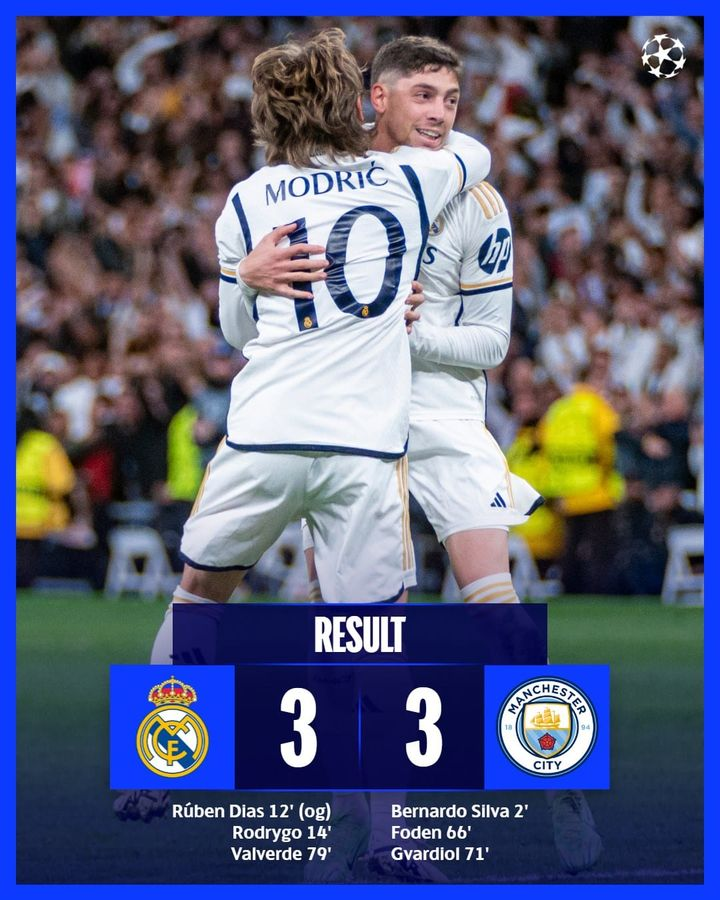 Ligue des champions : Le Real de Madrid tenu en échec par Manchester City à Bernabeu !