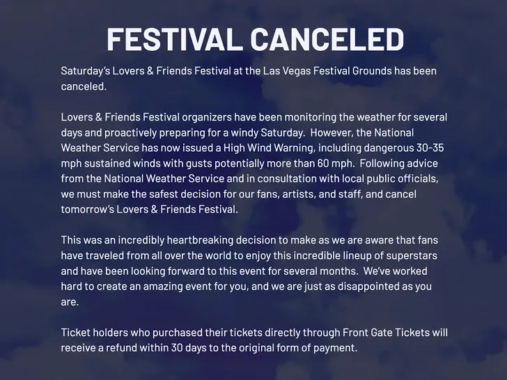 Le festival Lovers and Friends est annulé en raison de conditions météorologiques défavorables à Las Vegas