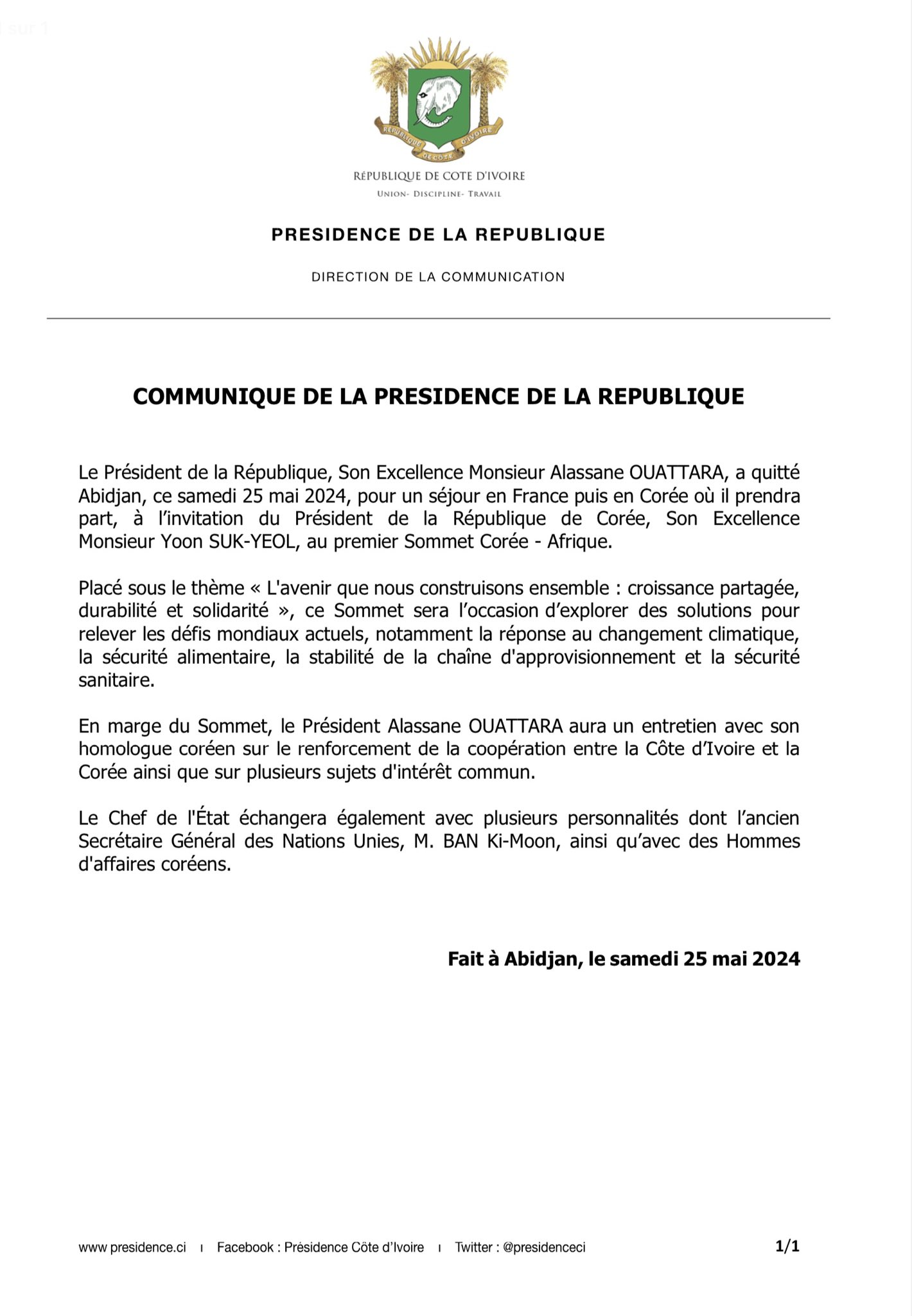 Départ du Président Alassane Ouattara pour la France et la Corée du Sud