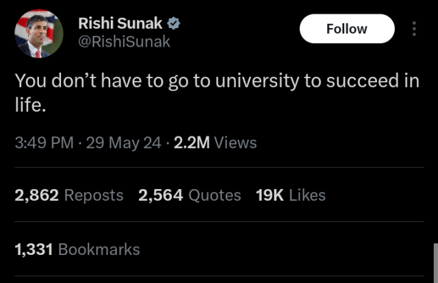 L'université n'est pas la seule voie vers le succès - Rishi Sunak