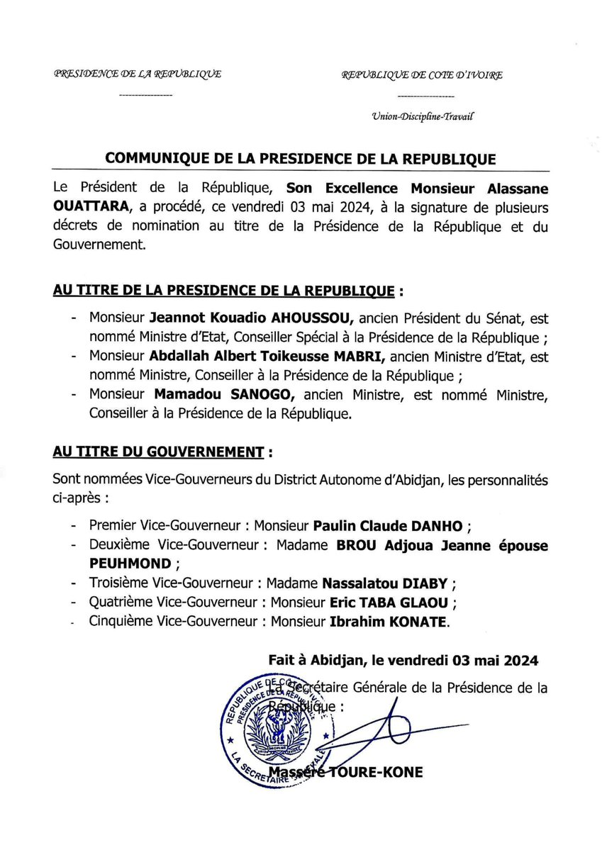 Côte d’Ivoire : Alassane Ouattara nomme Jeannot Ahoussou-Kouadio, Mabri Toikeusse et Mamadou Sanogo à la Présidence