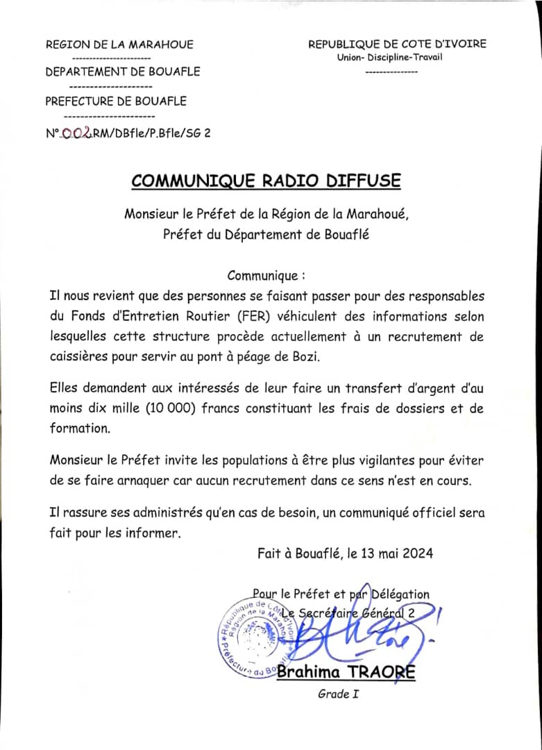 Alerte en Côte d'Ivoire : Faux recrutement signalé au FER