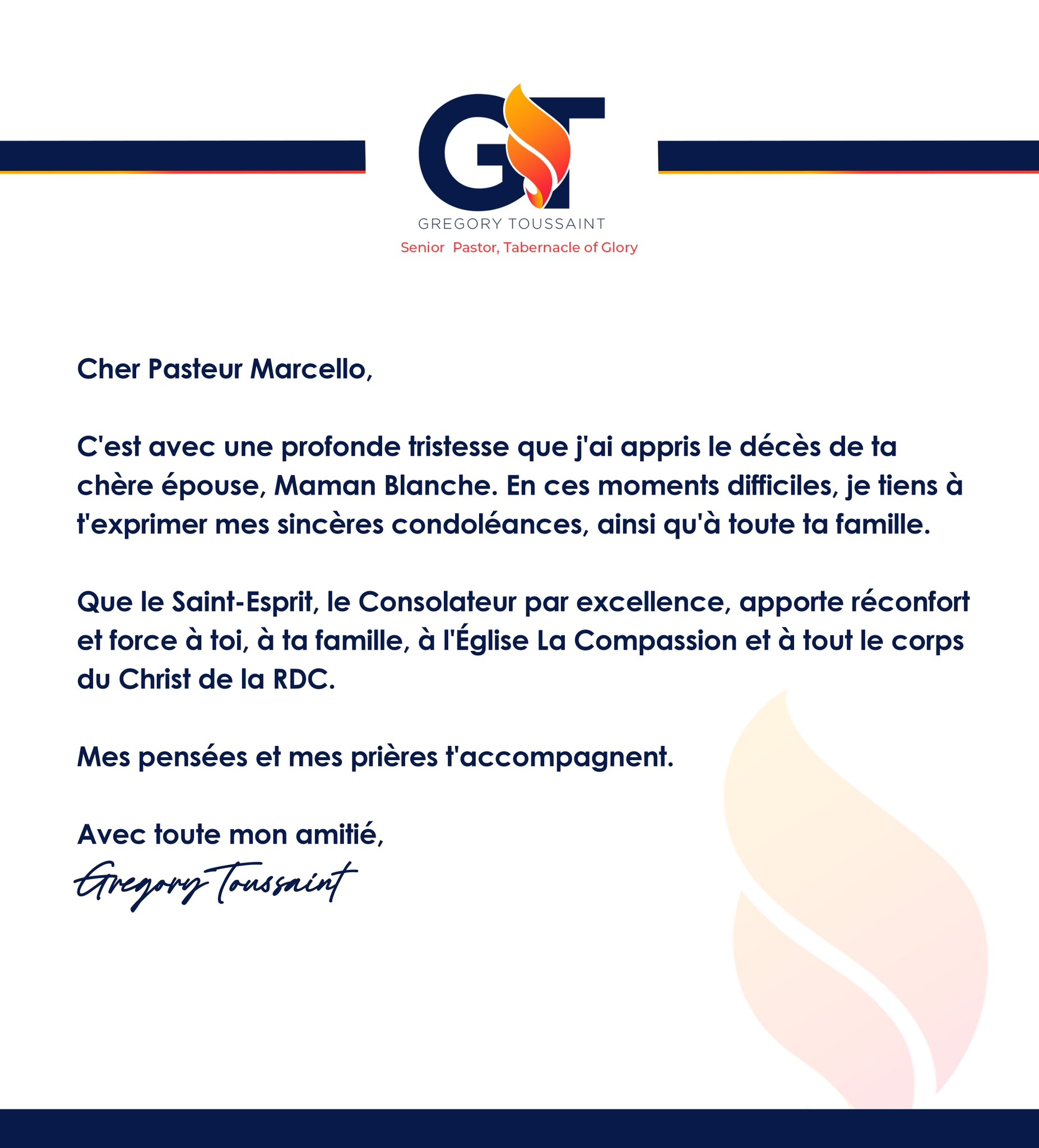 Le Pasteur Gregory Toussaint Présente ses Condoléances à la Famille de Maman Blanche Tunasi