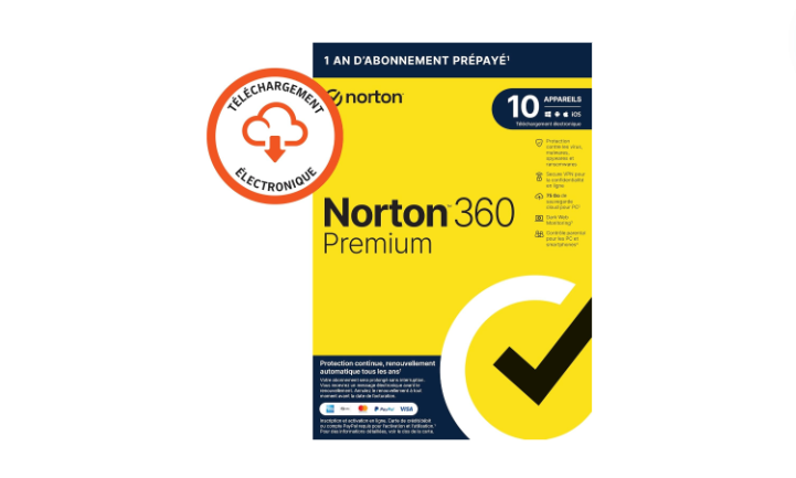 Norton 360 Premium 2024 | 10 Appareils | 1 An d'Abonnement | Secure VPN - Password Manager - Dark Web Monitoring | PC/Mac/iOS/Android - Téléchargement