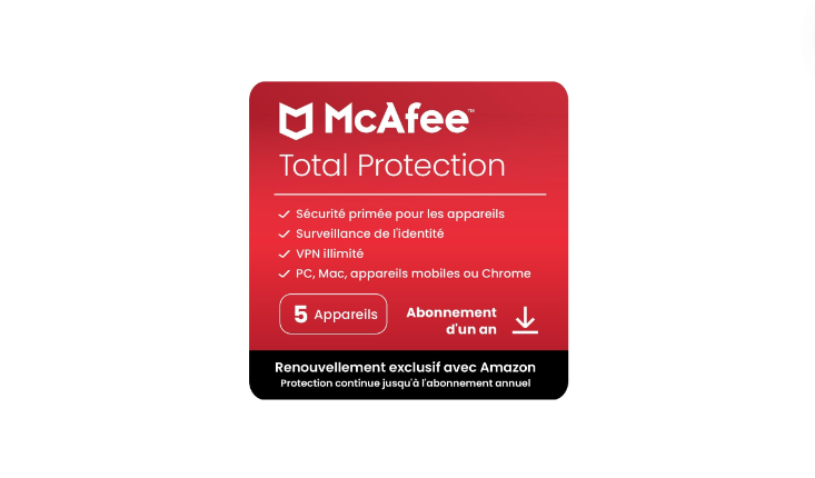McAfee Total Protection 2024 | 5 Appareils | Antivirus, VPN, Gestion de Mots de Passe, Sécurité Mobile et Internet | PC/Mac/iOS/Android | Abonnement Exclusif Amazon avec Renouvellement Automatique Annuel