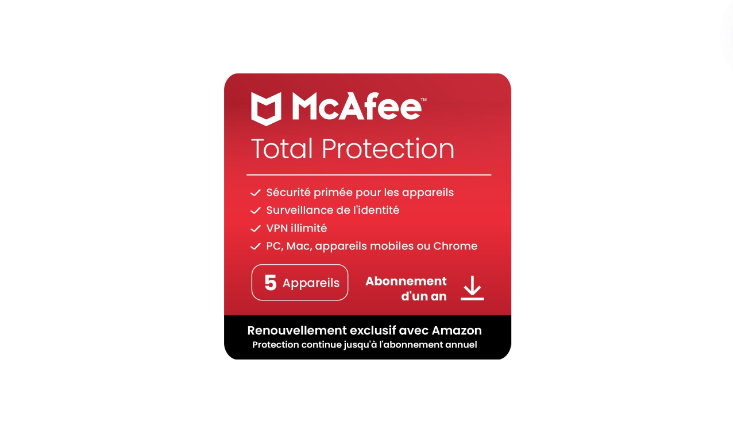  McAfee Total Protection 2024 | 5 Appareils | Antivirus, VPN, Gestion de Mots de Passe, Sécurité Mobile et Internet | PC/Mac/iOS/Android | Abonnement Exclusif Amazon avec Renouvellement Automatique Annuel