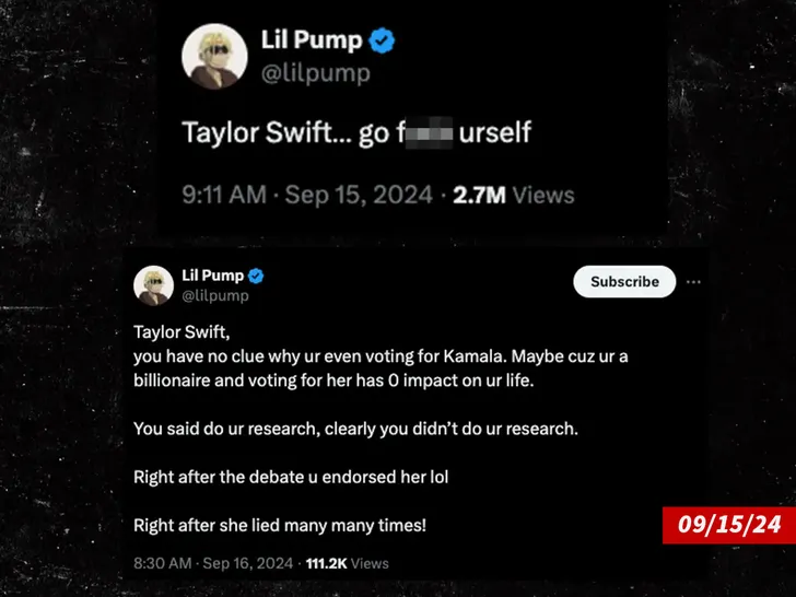 Lil Pump intensifie ses attaques contre Taylor Swift après son soutien à Kamala Harris