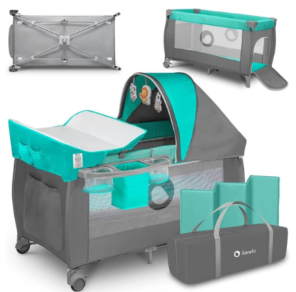  LIONELO Sven Plus 2-en-1 : Lit Bébé et Table à Langer avec Jouets et Moustiquaire