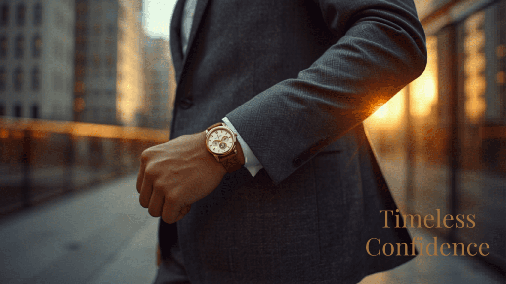 Homme en costume avec montre élégante au poignet – meilleure montre homme cadeau 2026